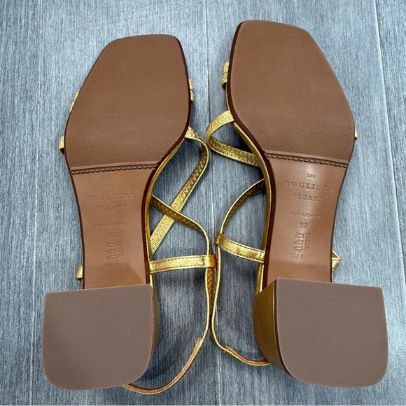 SEZANE PERNILLE SANDALS GOLD 37 6.5 Strappy Block Heel Square Toe Metallic Shoes - Picture 14 of 16
